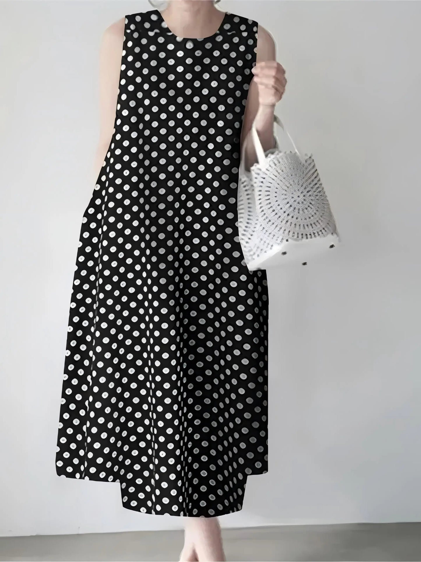 Elegant Polka Dot Sleeveless A-Line Midi Dress